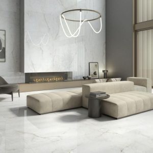 Crystal white - Woonkamer met witte marmerlook op vloer en wand, Pamesa