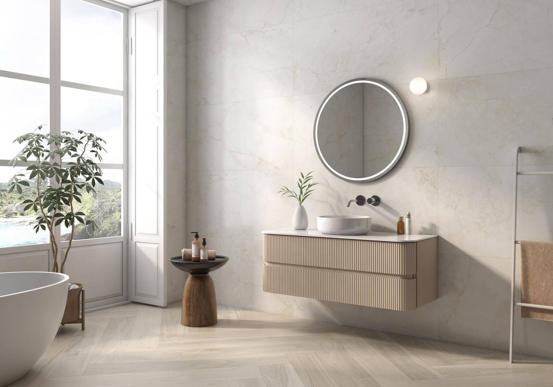 Hermes - Badkamer met lichte betonlook op vloer en wand, Pamesa