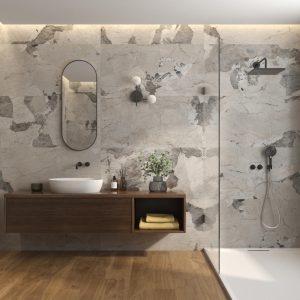 Patagonia - Badkamer met grijze steenlook en houtlook op wand en vloer, Pamesa