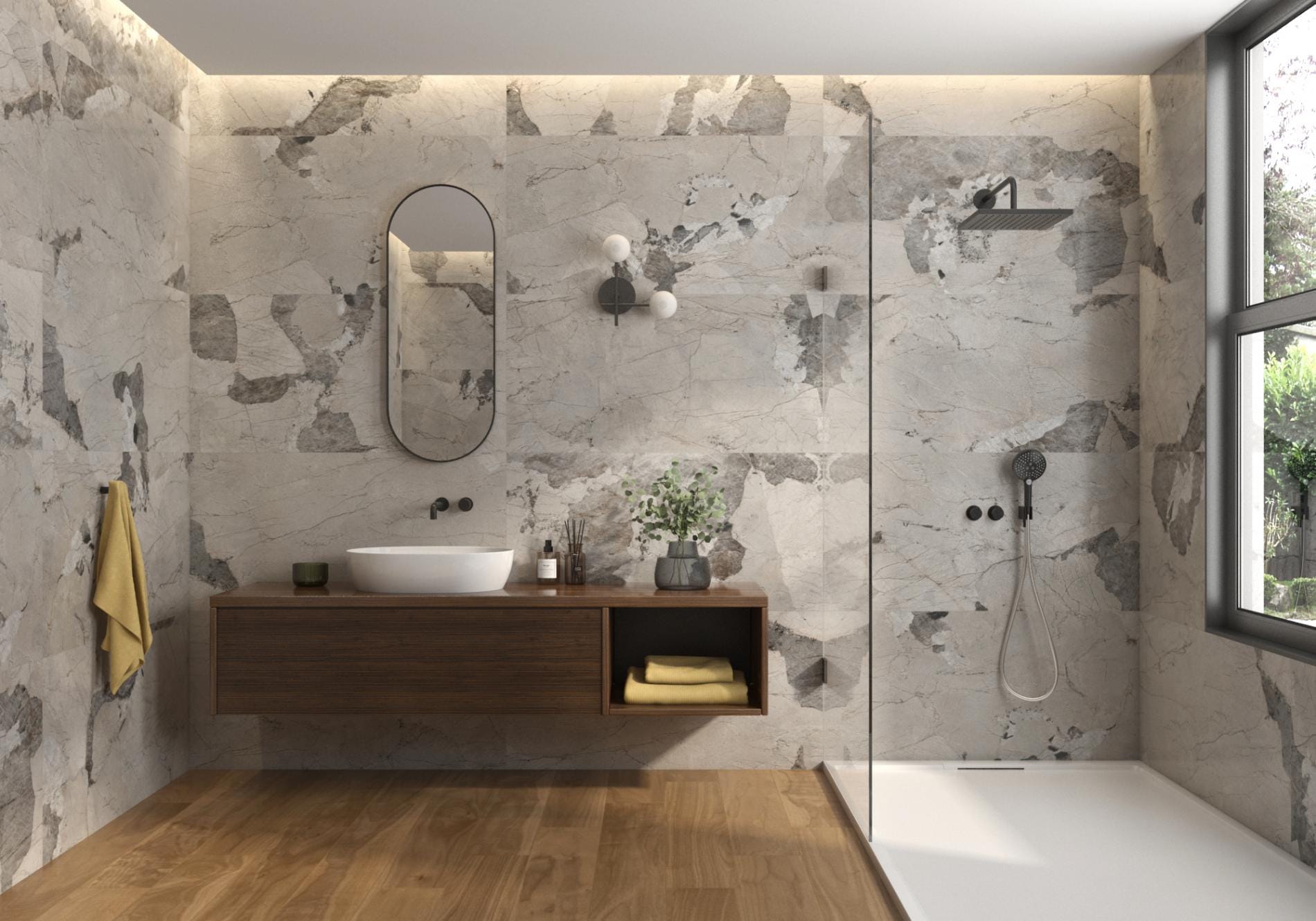 Patagonia - Badkamer met grijze steenlook en houtlook op wand en vloer, Pamesa
