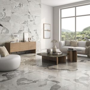 Patagonia - Woonkamer met zwart-witte marmerlook op vloer en wand, Pamesa
