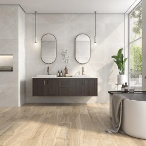 Prince - Badkamer met lichte betonlook en houtlook op wand en vloer, Pamesa