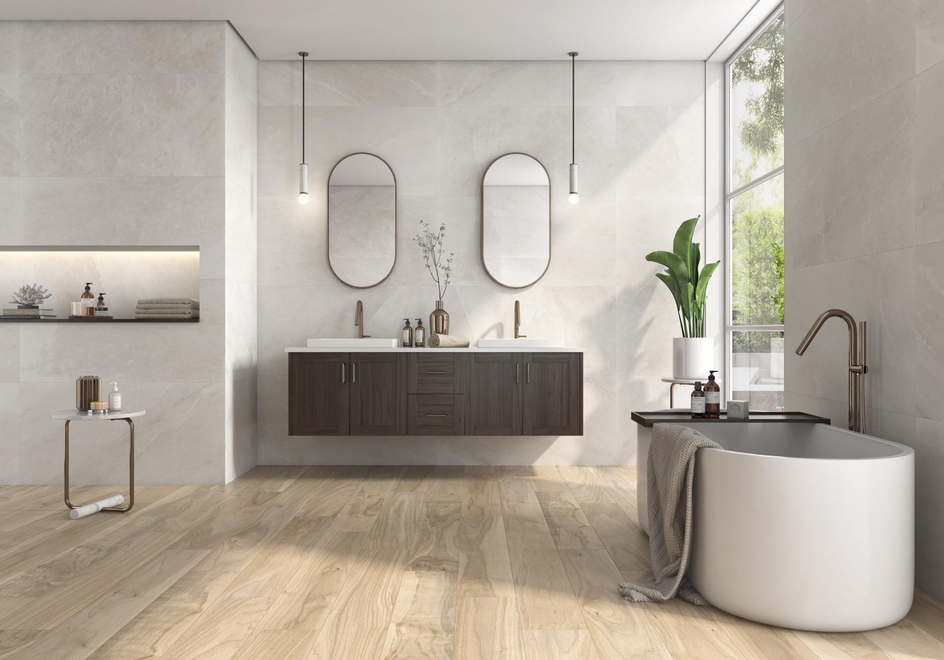 Prince - Badkamer met lichte betonlook en houtlook op wand en vloer, Pamesa