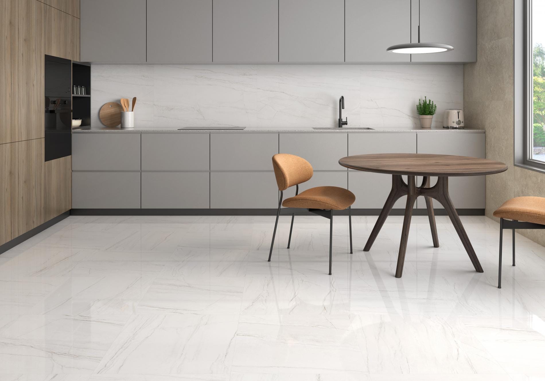 Montebianco - Keuken en eetkamer met witte betonlook op vloer, Pamesa