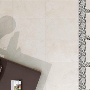 Pietra Di Rapolano - Materiaalvignet met beige steenlook met terrazzo-inleg op wand, Pamesa