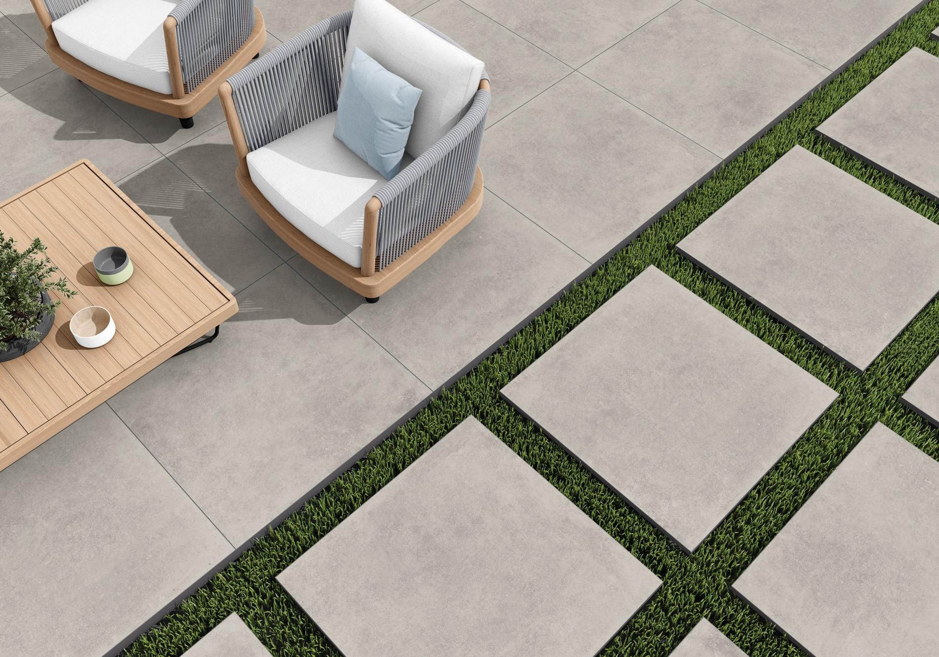 Mosel - Tuin en terras met grijze steenlook op vloer, Pamesa