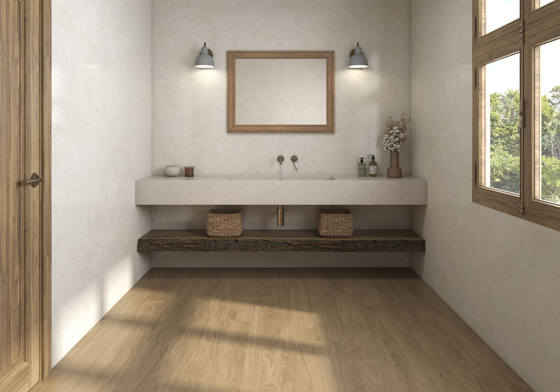Coralstone - Badkamer met beige steenlook en houtlook op wand en vloer, Pamesa
