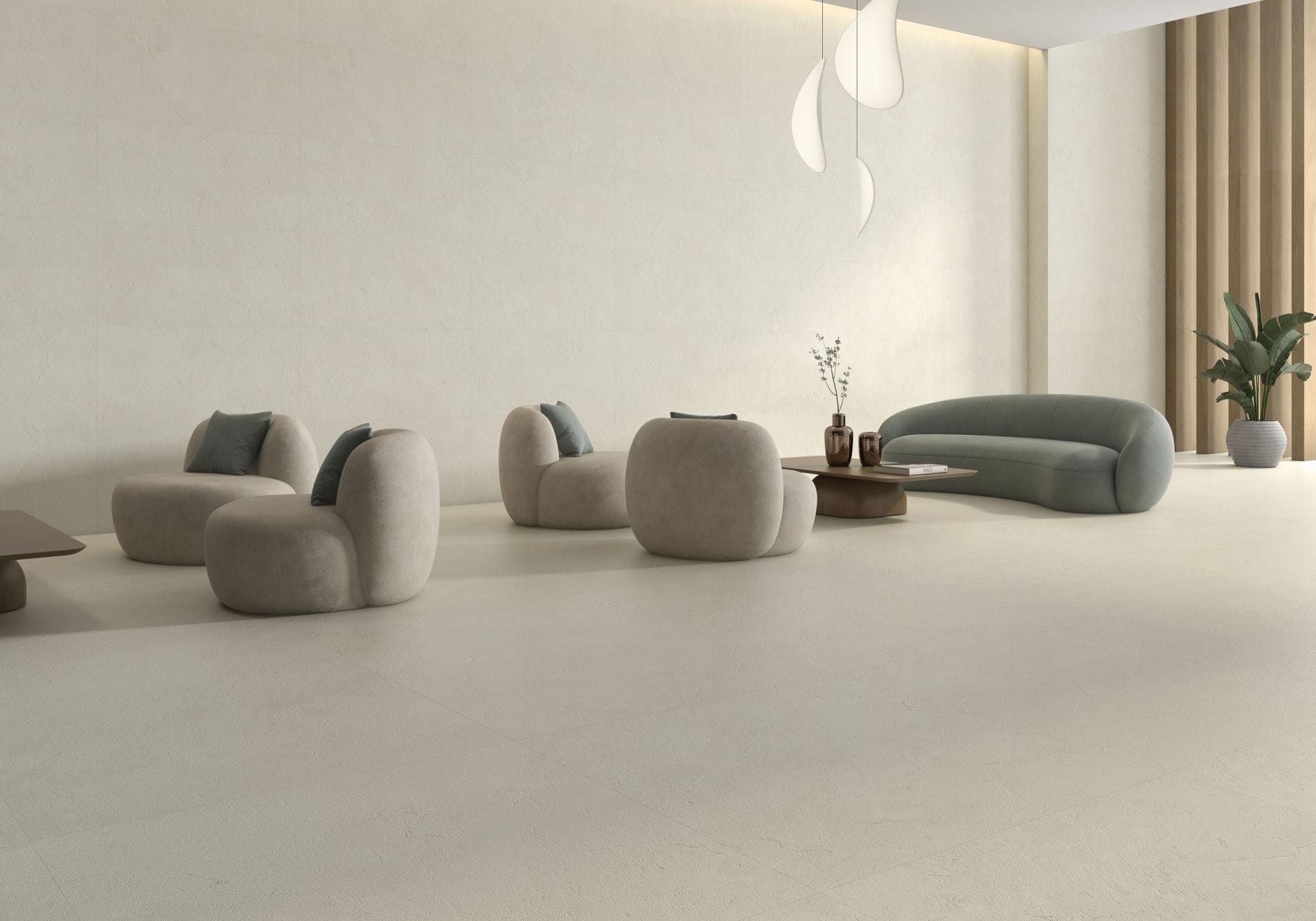 Crema marfil - Woonkamer met beige betonlook op vloer, Pamesa