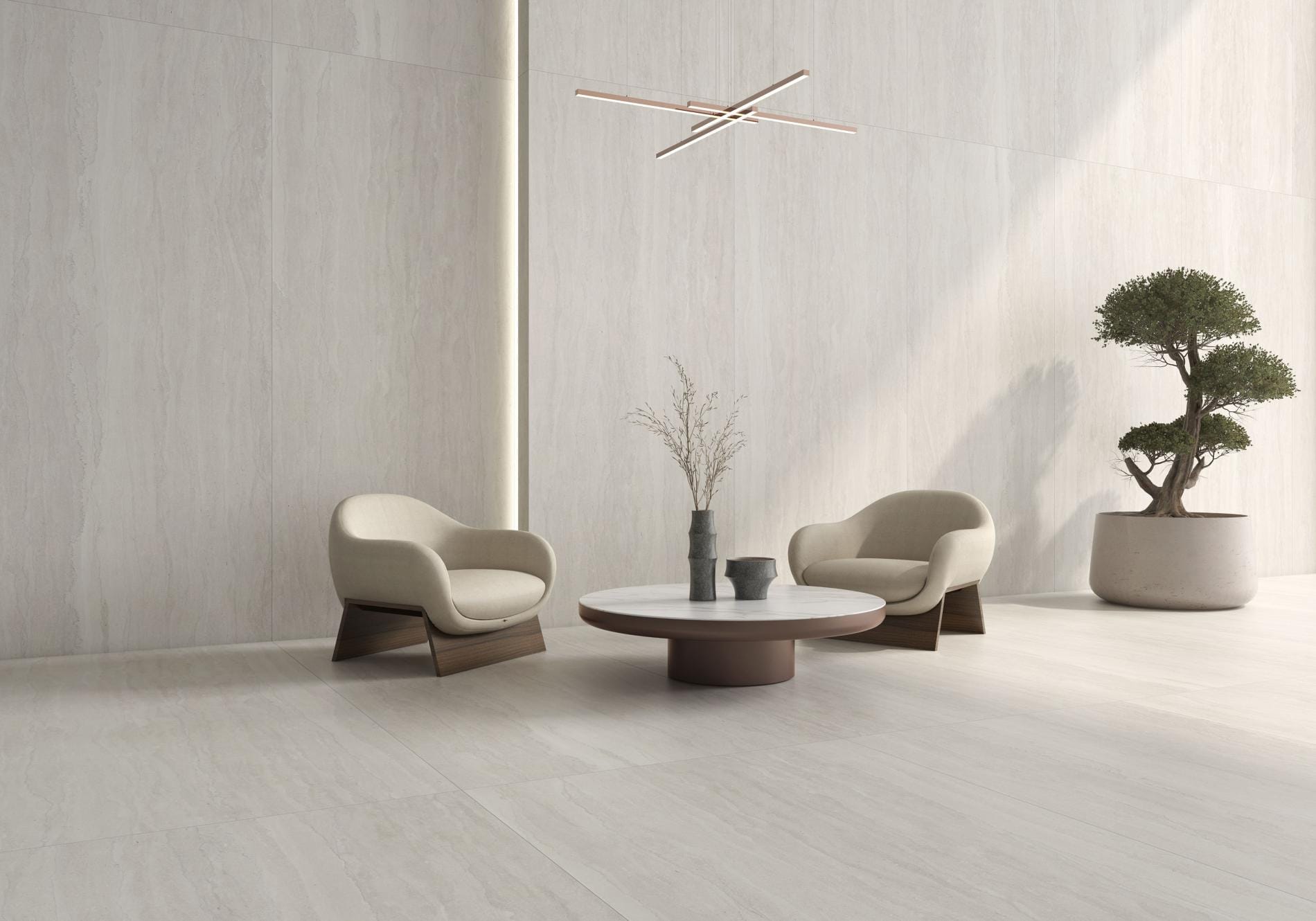 Dorset - Woonkamer met lichte betonlook op vloer en wand, Pamesa