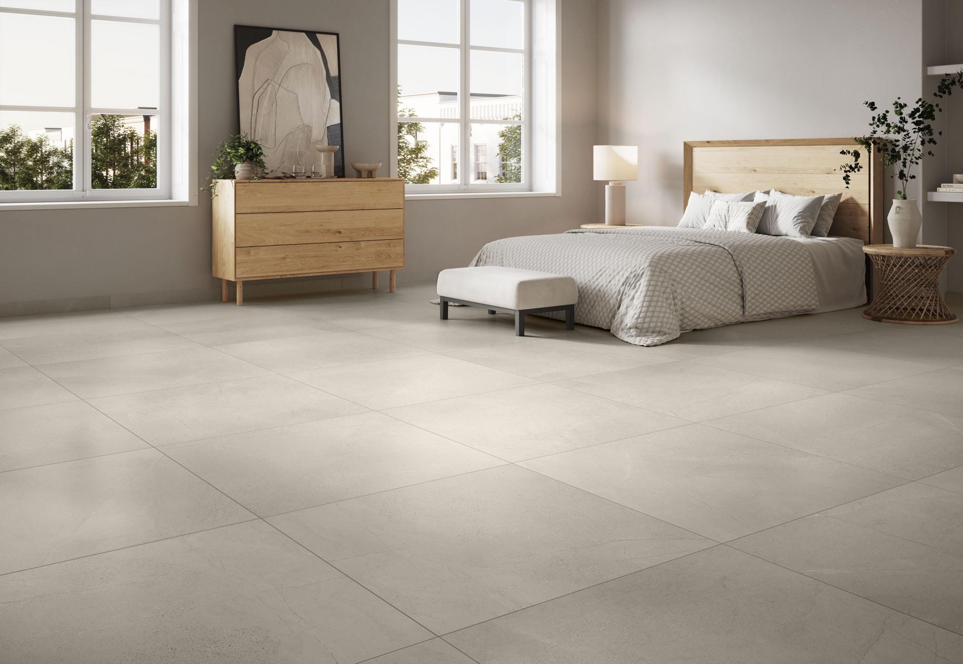Kenzo - Slaapkamer met beige betonlook op vloer, Pamesa