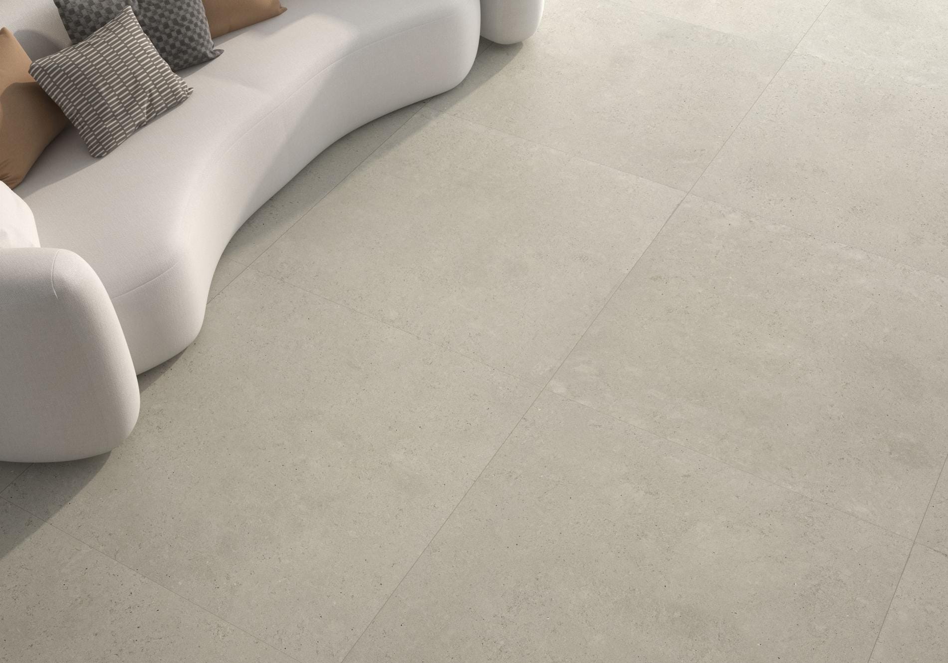 Sospiro - Woonkamer met lichte beige steenlook op vloer, Pamesa