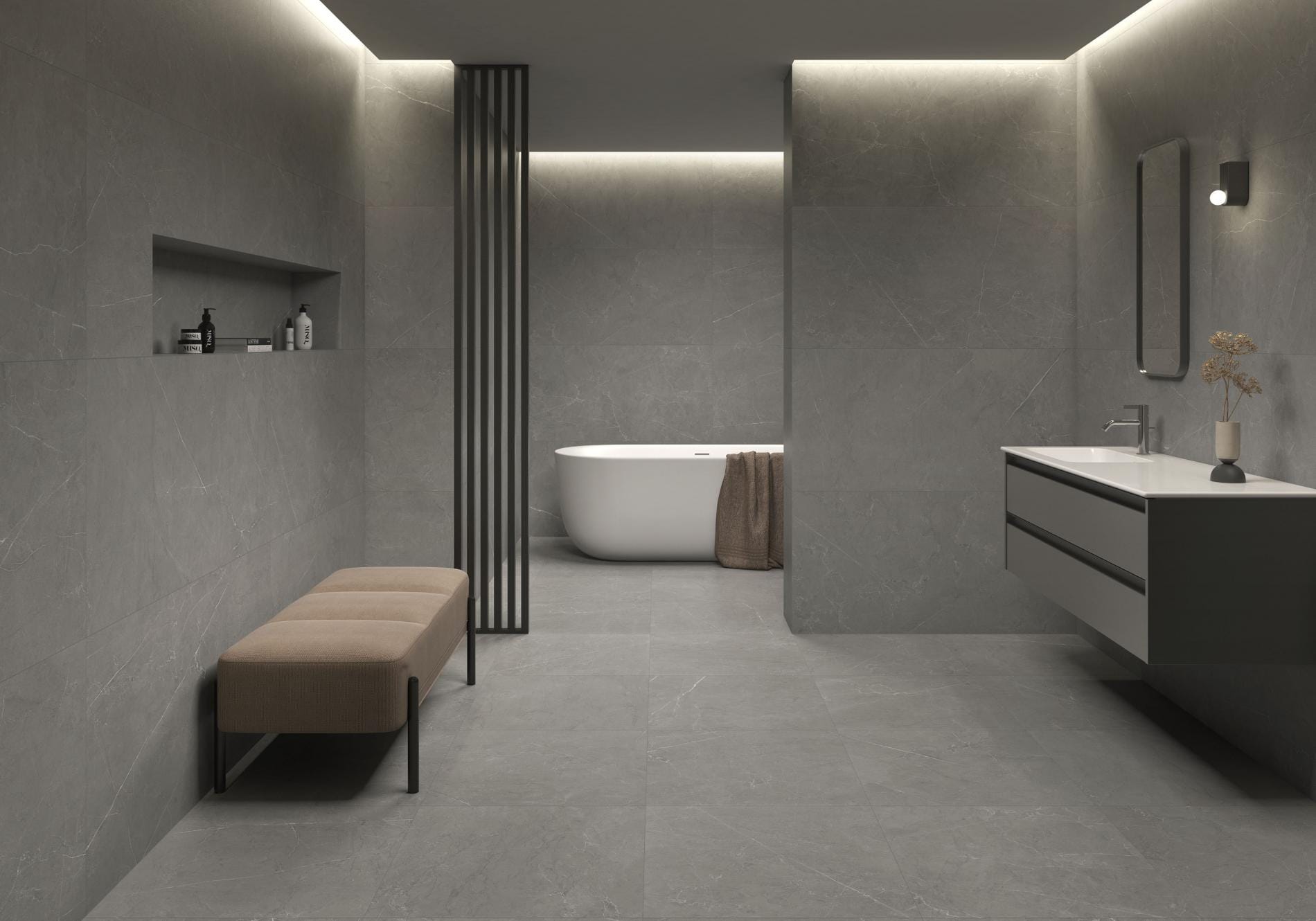 Sense - Badkamer met grijze betonlook op vloer en wand, Pamesa