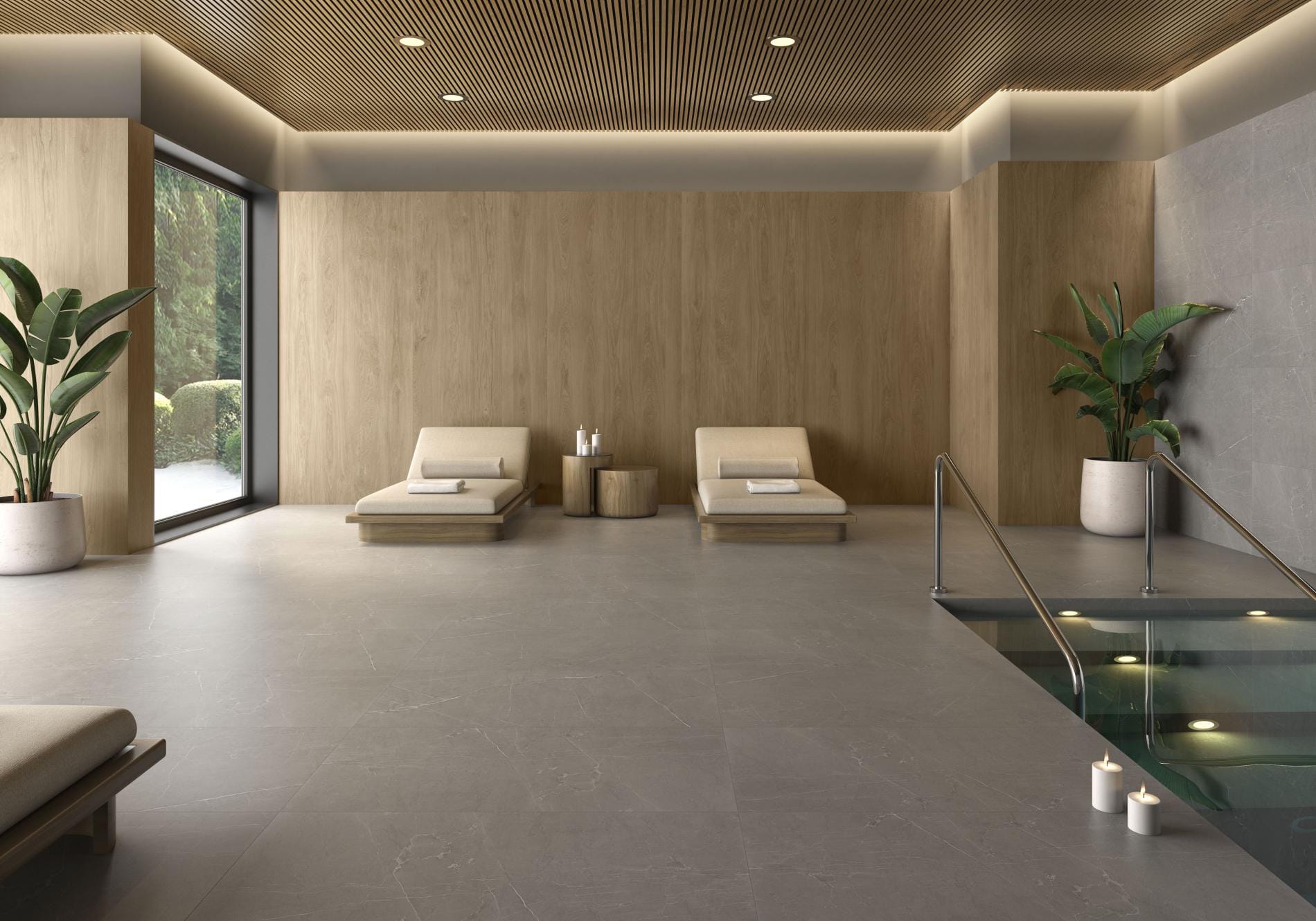 Kalon - Spa en wellness met lichte houtlook en betonlook op vloer en wand, Pamesa