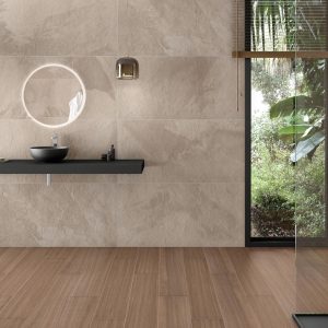 Rhin - Badkamer met lichte betonlook en houtlook op wand en vloer, Pamesa