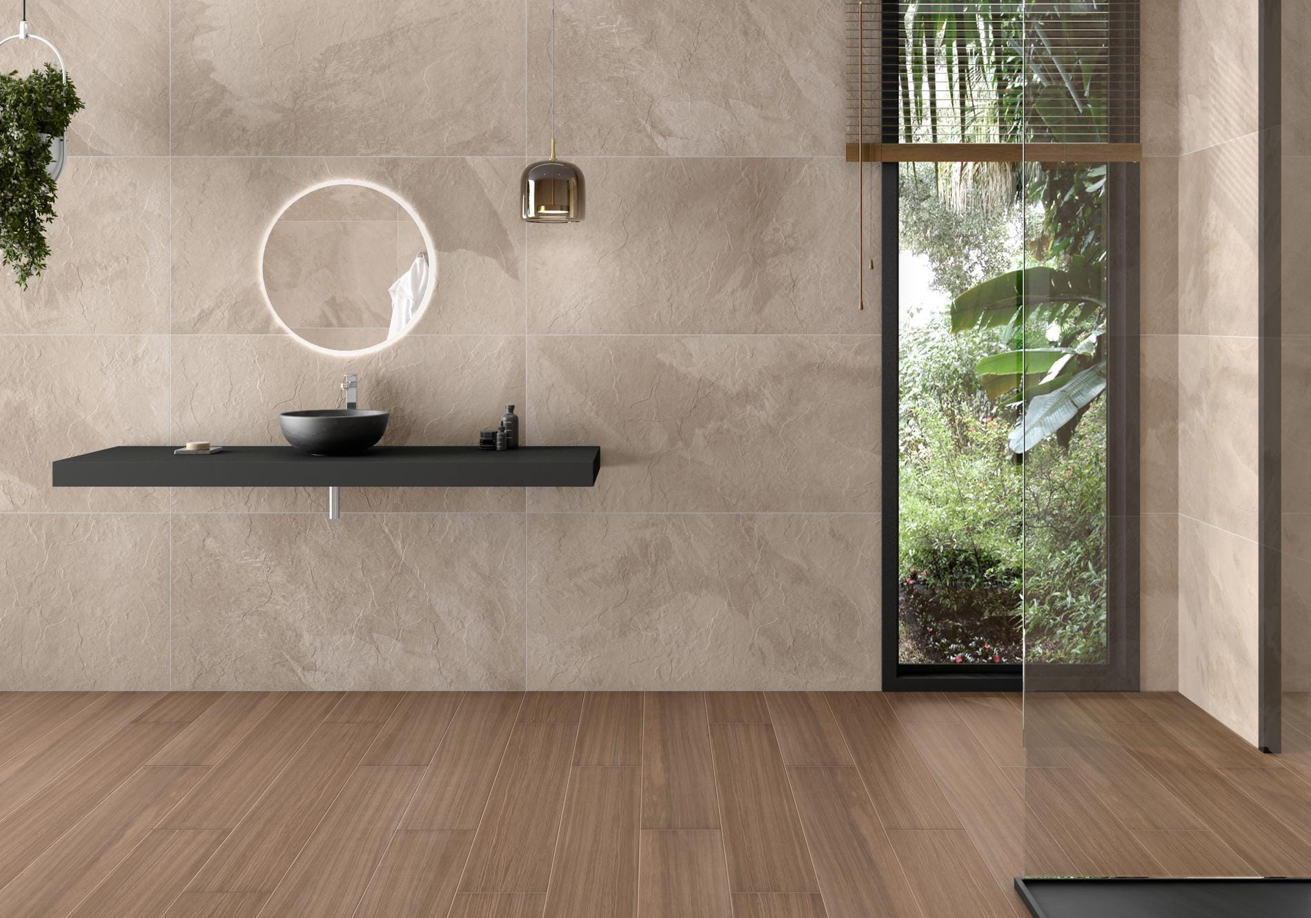 Rhin - Badkamer met lichte betonlook en houtlook op wand en vloer, Pamesa