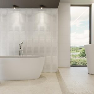 Rlv.ghat - Badkamer met witte reliëftegel en betonlook op wand en vloer, Pamesa