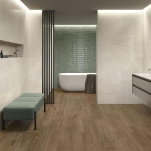 ORIGIN ELEGANZA - Badkamer met lichte betonlook en houtlook op vloer en wand, Pamesa