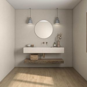 Lin - Badkamer met lichte betonlook en houtlook op wand en vloer, Pamesa