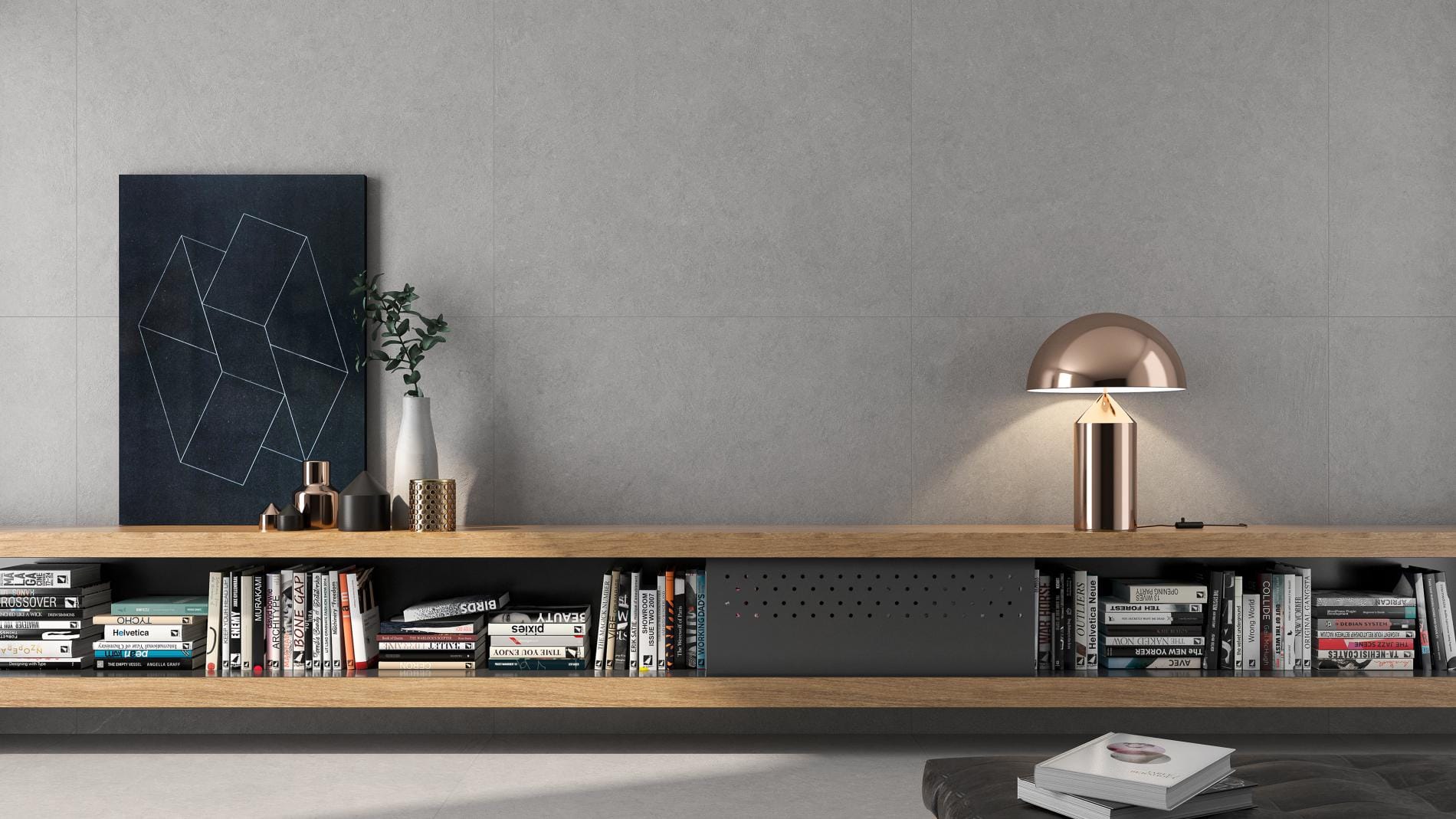 Cromat - Woonkamer met grijze betonlook op wand, Pamesa