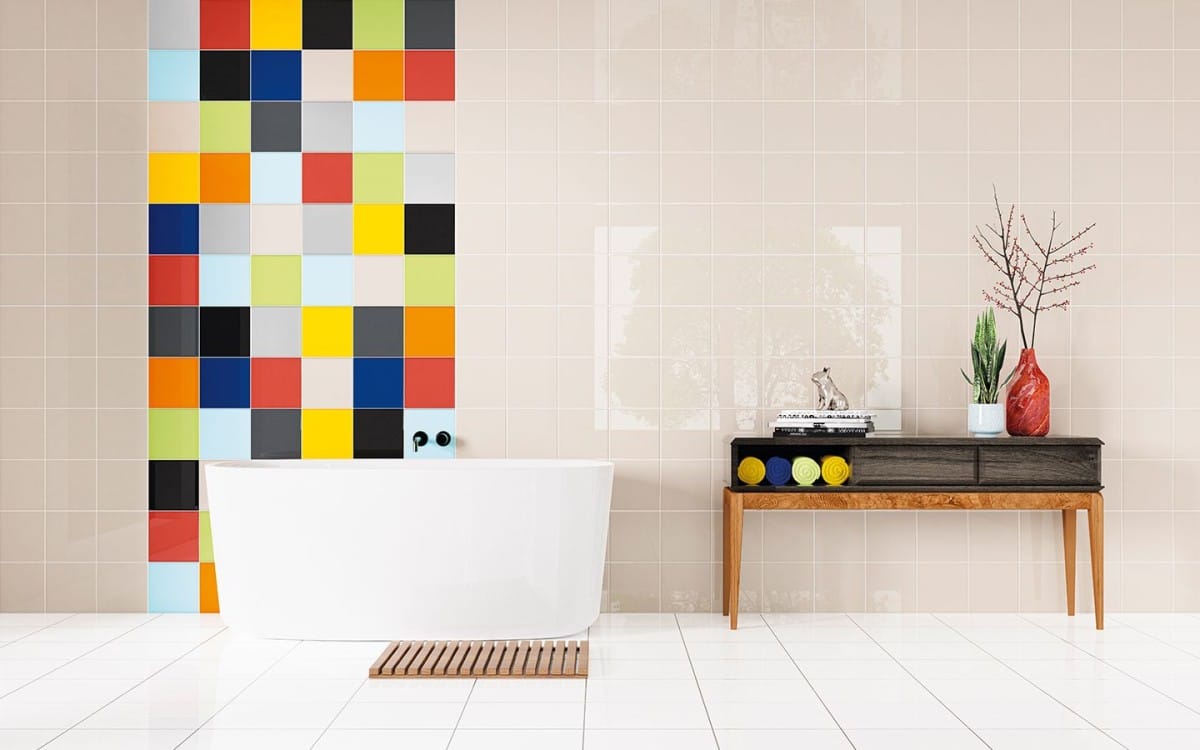 Basic Vermelho - Badkamer en showroom met multicolor kleurtegel op wand, Ceragni