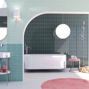 Basic Ruby - Badkamer met mintgroene en donkergroene kleurtegel op wand, Ceragni