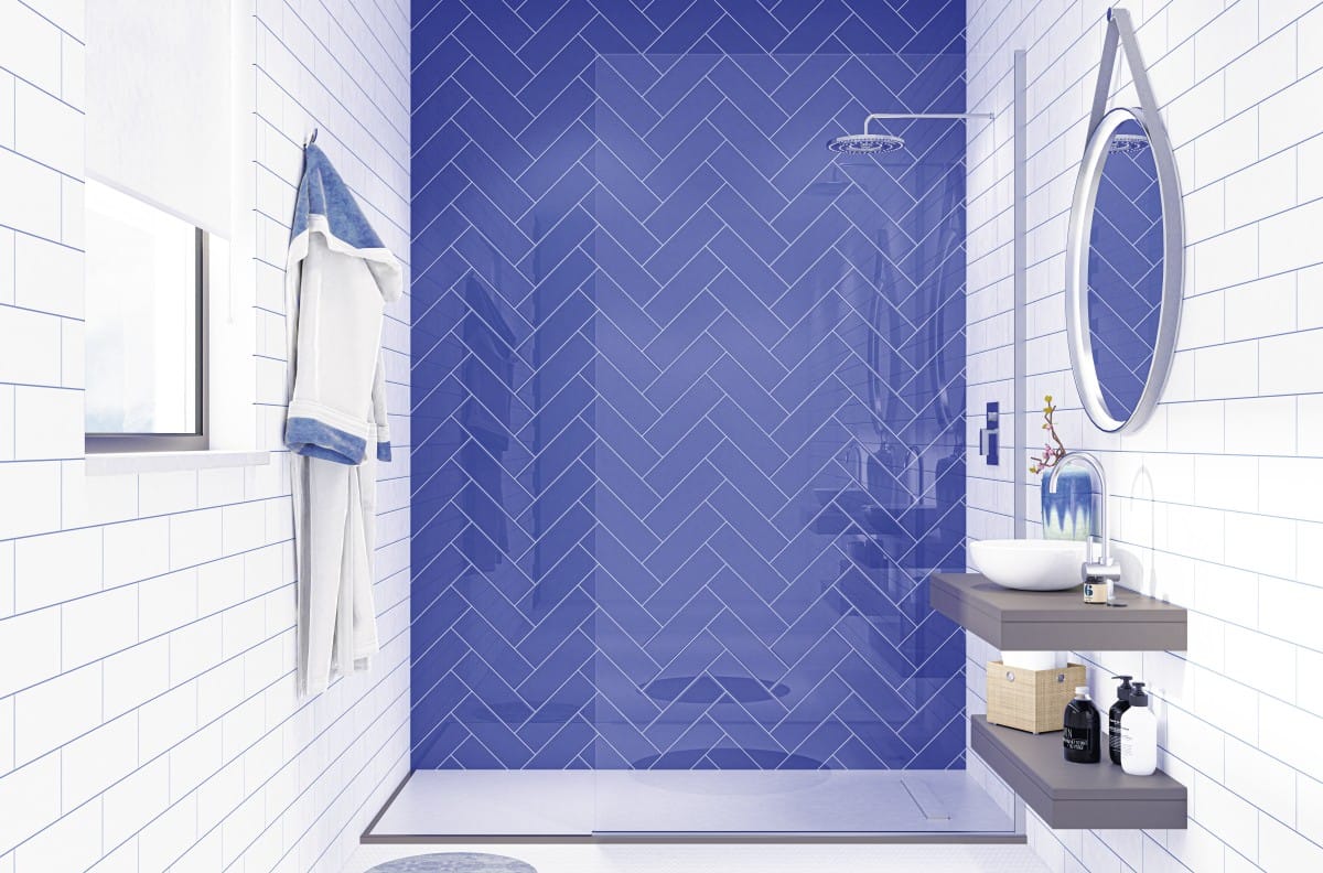Basic Azul Lavanda - Badkamer met blauwe en witte kleurtegel op wand, Ceragni
