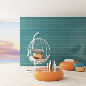 Basic Verde Azulado - Woonkamer/terras met turquoise kleurtegel en witte betonlook op wand en vloer, Ceragni