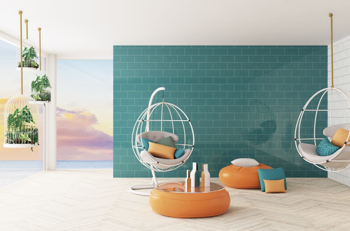 Basic Verde Azulado - Woonkamer/terras met turquoise kleurtegel en witte betonlook op wand en vloer, Ceragni