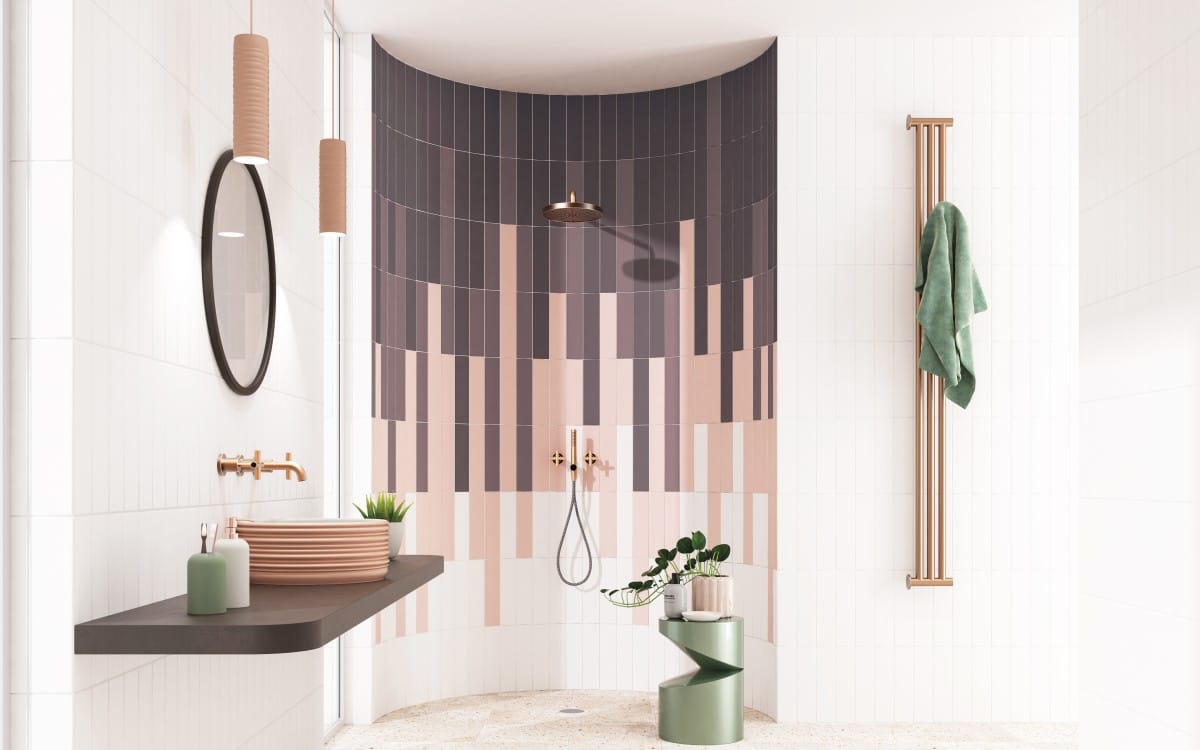 Basic Cinzento Chuva - Badkamer met paarse en roze kleurtegel op wand, Ceragni