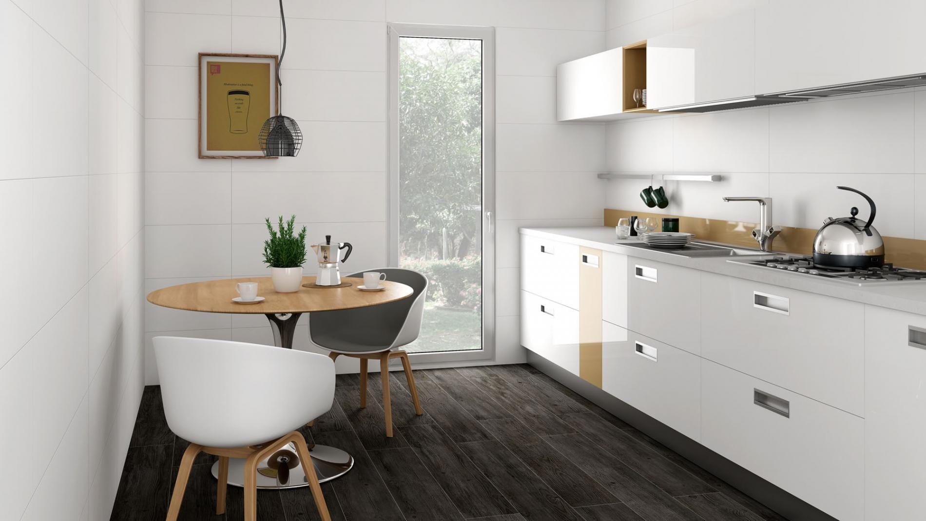 Tripoli - Keuken en eetkamer met witte kleurtegel en houtlook op wand en vloer, Pamesa