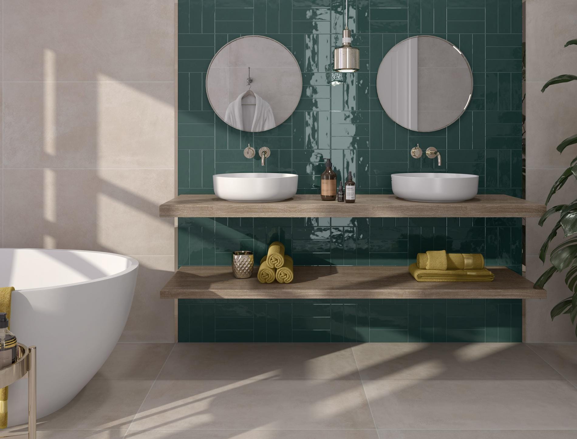 Mayfair - Badkamer met teal geglazuurde kleurtegel op accentwand, Pamesa