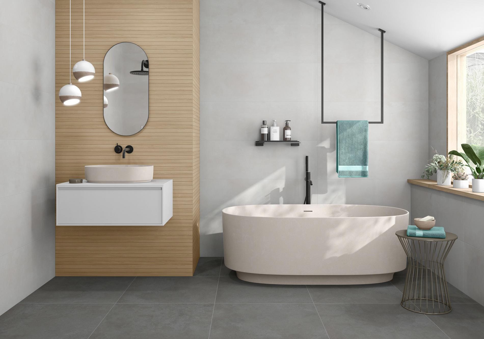 ES. Omnia - Badkamer met beige reliëftegel en grijze betonlook op wand en vloer, Pamesa