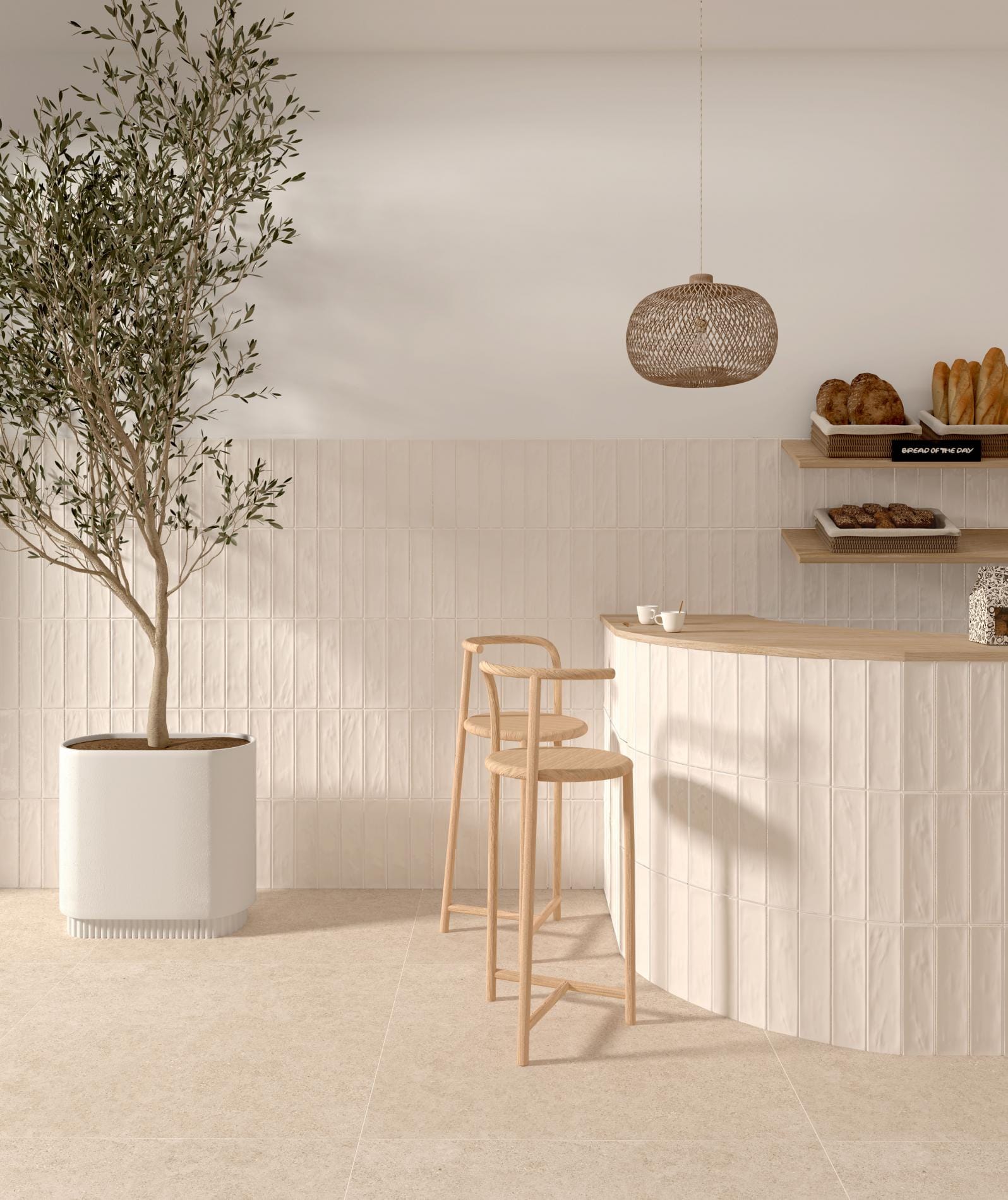 Mayolica - Café en horeca met lichte monochrome reliëftegel op barfront en wand, Pamesa