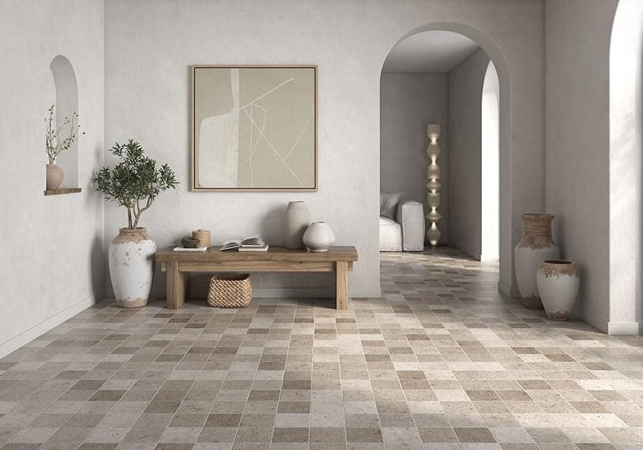 Balistone - Hal en woonkamer met grijze steenlook op vloer, Pamesa
