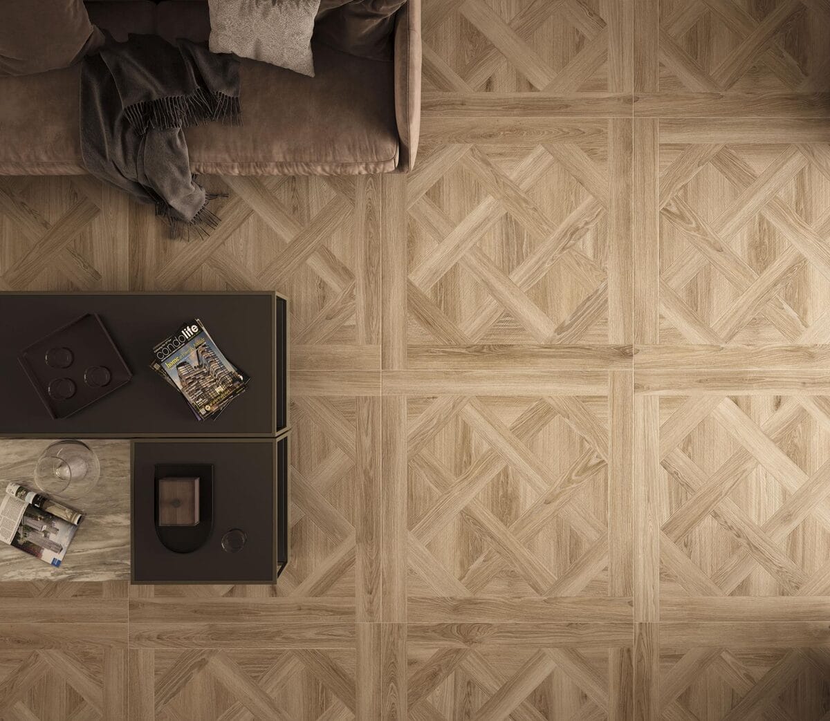 CR. Inza - Woonkamer en studeerkamer met houtlook op vloer, Pamesa