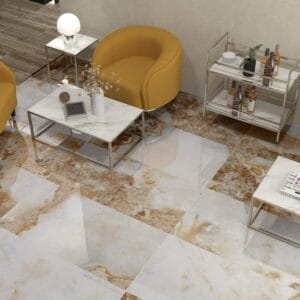 CR. Lux Danae - Lounge en horeca met witbruine marmerlook op vloer, Pamesa