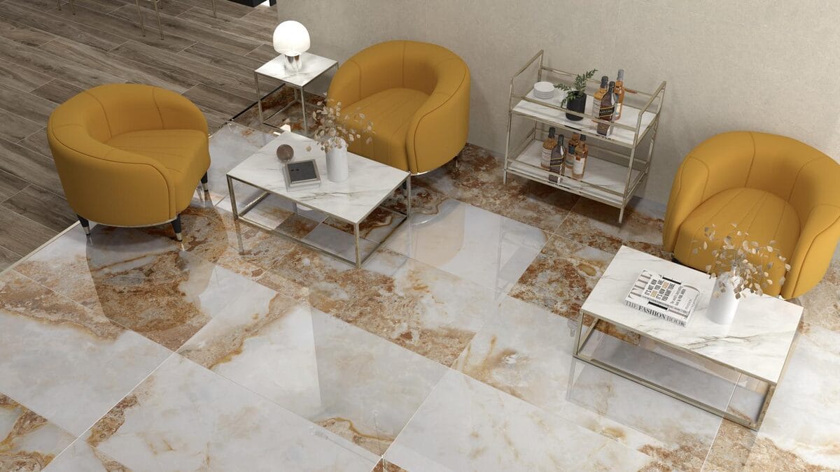 CR. Lux Danae - Lounge en horeca met witbruine marmerlook op vloer, Pamesa