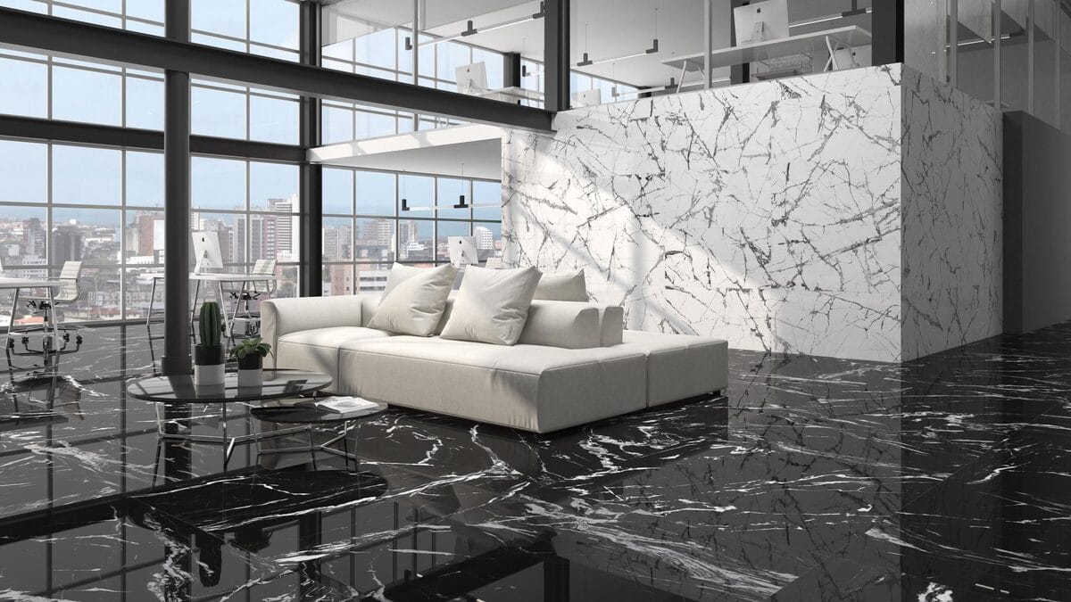 CR. Lux Iceberg - Woonkamer en kantoor met zwart-witte marmerlook op vloer en wand, Pamesa