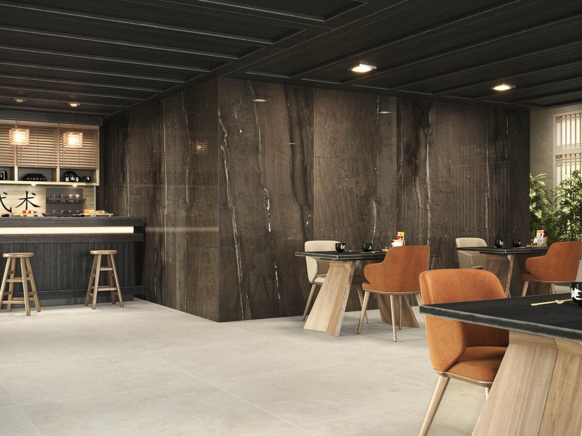CR. Lux Jatoba - Restaurant en horeca met donkere houtlook en lichte betonlook op wand en vloer, Pamesa