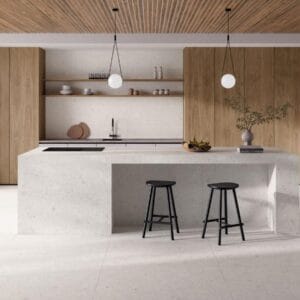 Ergon - Keuken met witte betonlook en houtlook op vloer en wand, Pamesa