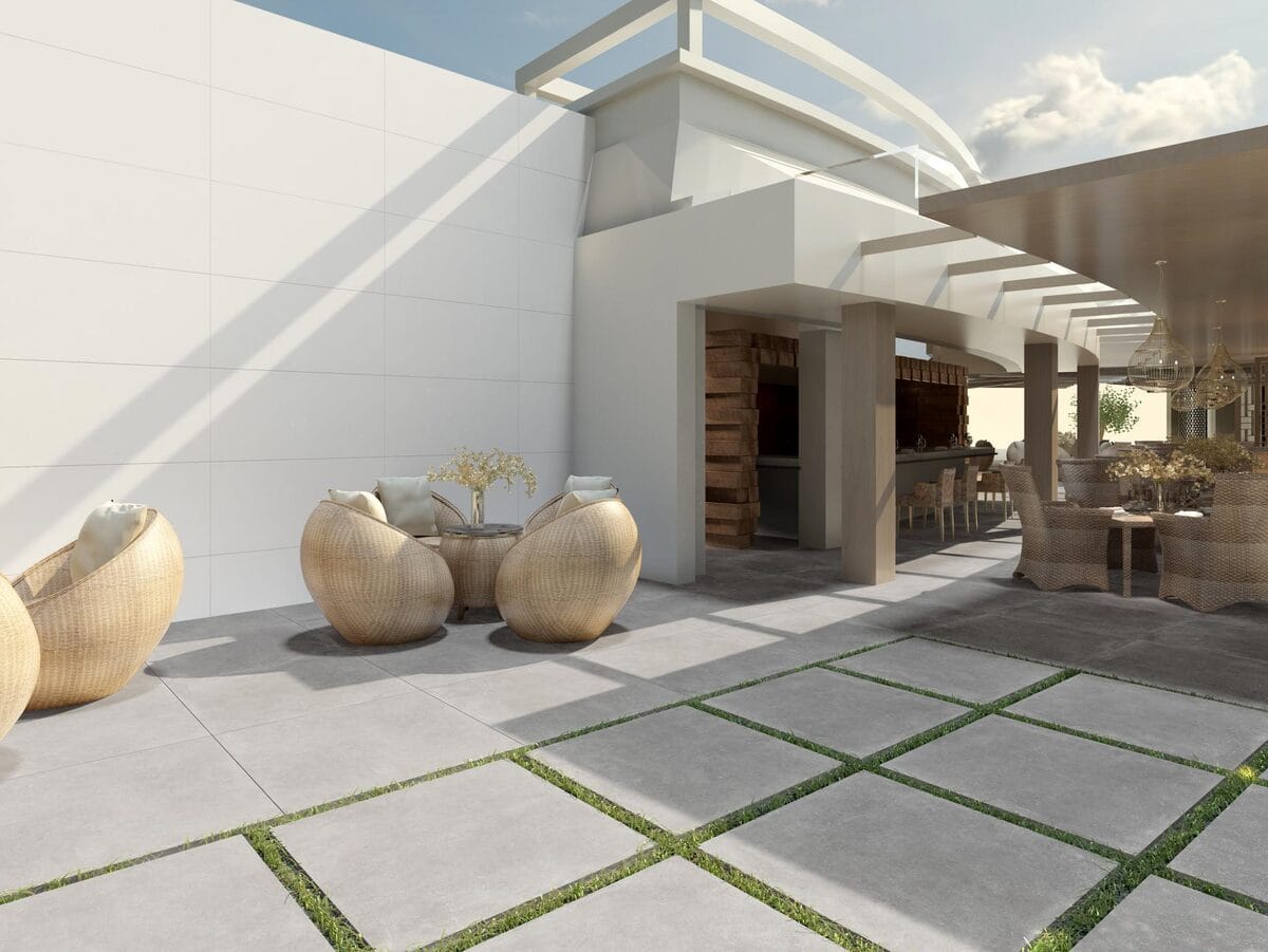 Essenza - Terras en horeca met grijze steenlook op vloer, Pamesa