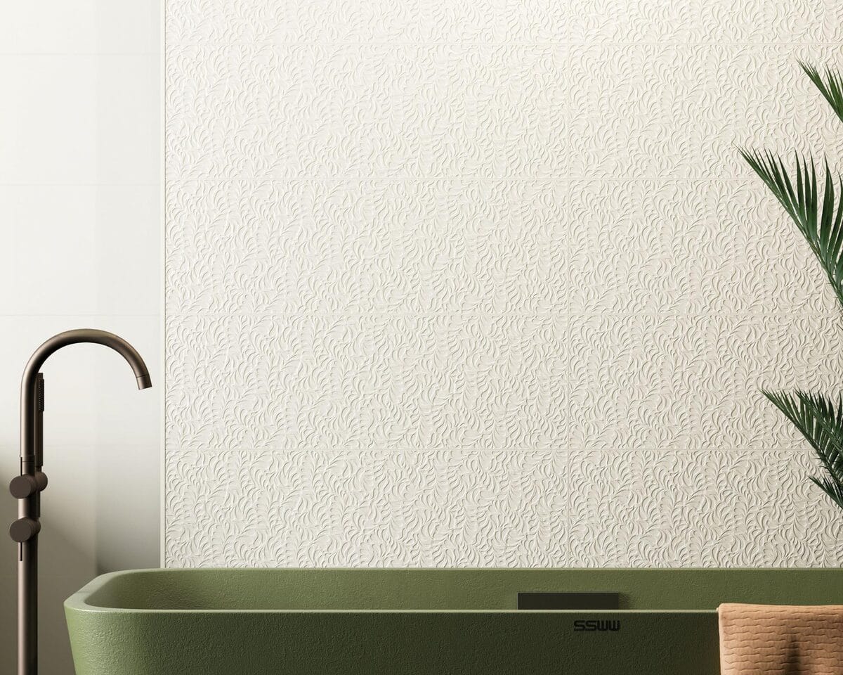 Irida - Badkamer met witte fijnreliëftegel op wand, Pamesa