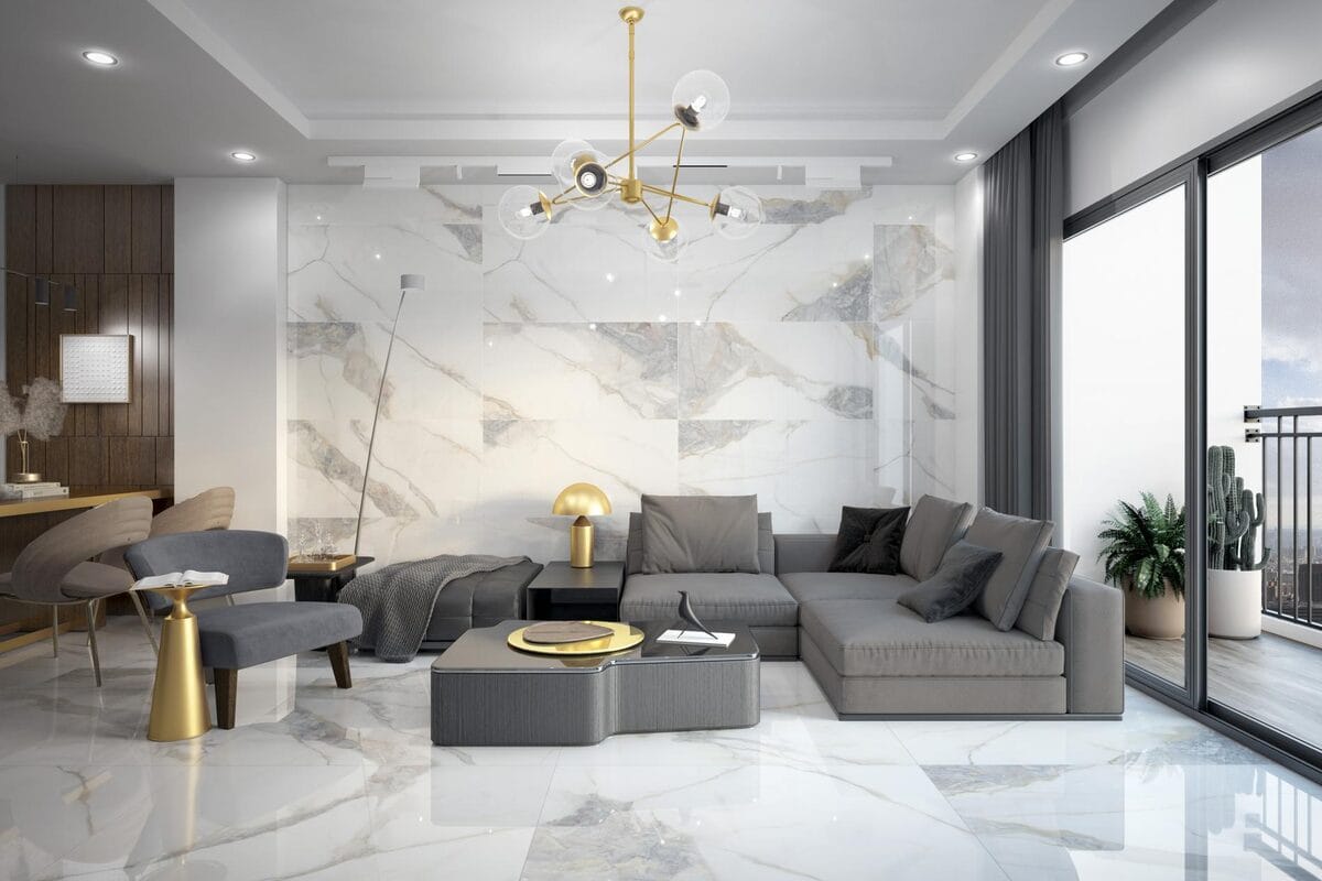 Marmi Pietra Di - Woonkamer met witte marmerlook op vloer en wand, Pamesa