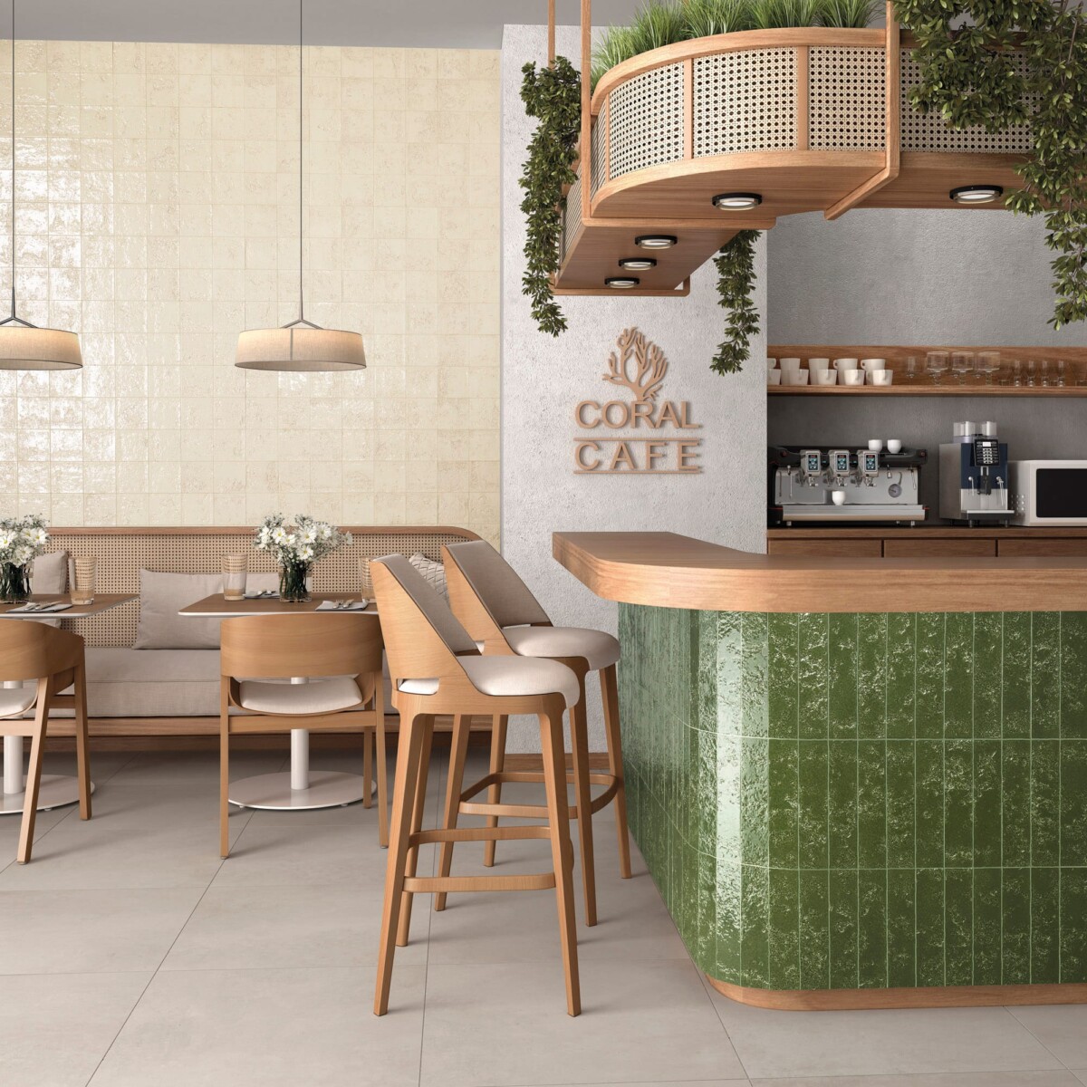 Coral - Cafe en horeca met groene geglazuurde kleurtegel op barfront en wand, Aleluia
