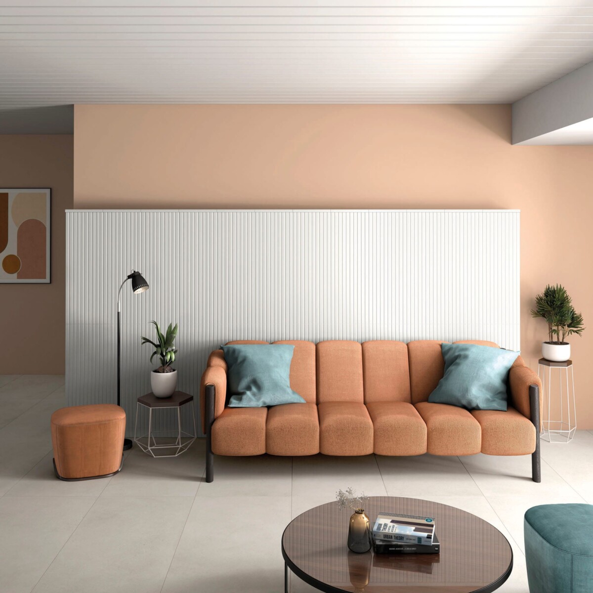 Forma - Woonkamer met lichte betonlook en witte reliëftegel op vloer, accentwand, Aleluia