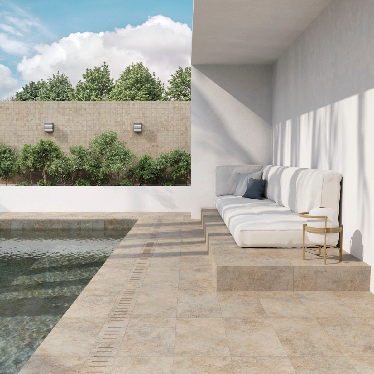 Lagoon - Terras en zwembad met beige steenlook op vloer, Aleluia