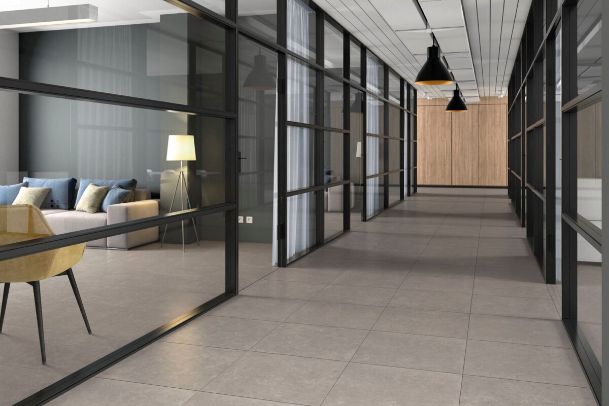 Luna - Kantoor en corridor met grijze betonlook op vloer, Aleluia