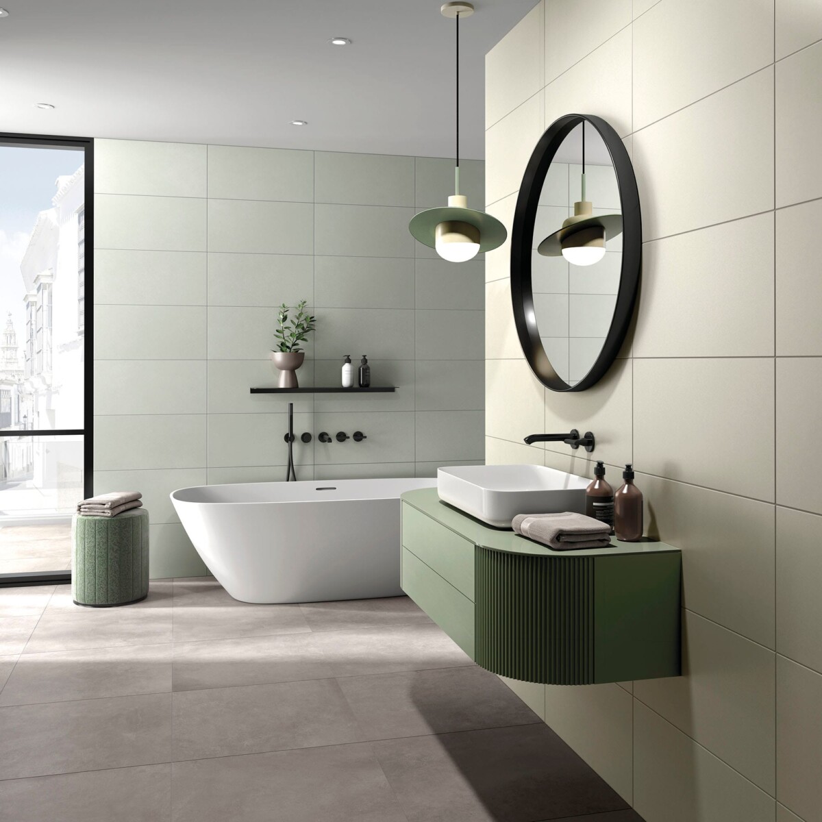 Mellow - Badkamer met lichtgroene kleurtegel en grijze betonlook op wand en vloer, Aleluia