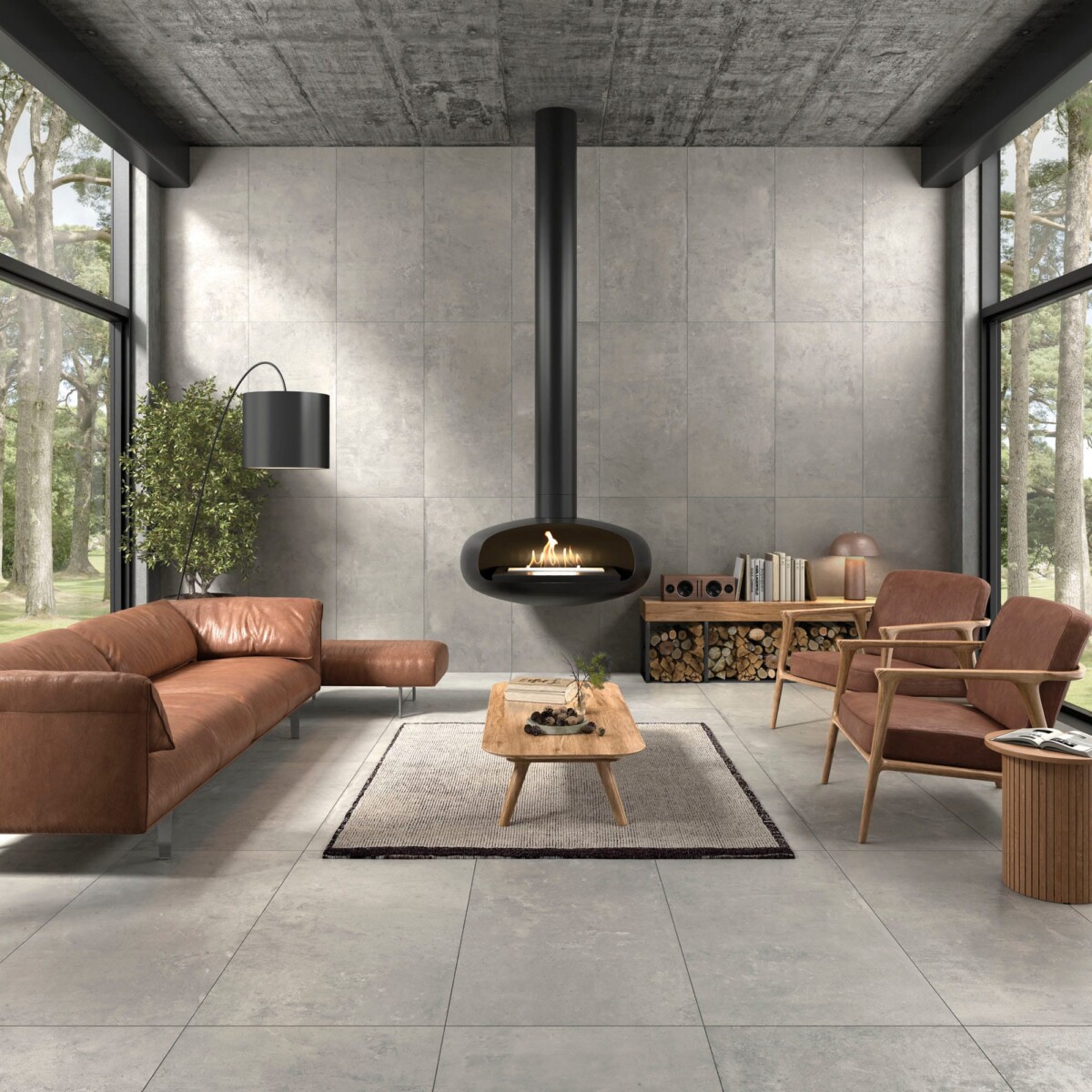 New Concrete - Woonkamer met grijze betonlook op vloer en wand, Aleluia