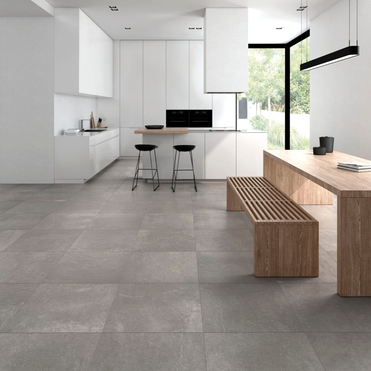Piazen - Keuken en eetkamer met grijze betonlook op vloer, Aleluia